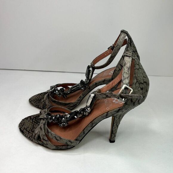 Vince Camuto Leather Snakeskin Open Toe Pumps Heels Buckle Grey Jeweled Womens - Picture 2 of 12
